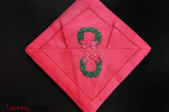 Christmas napkin set - Round tring holly embroidery